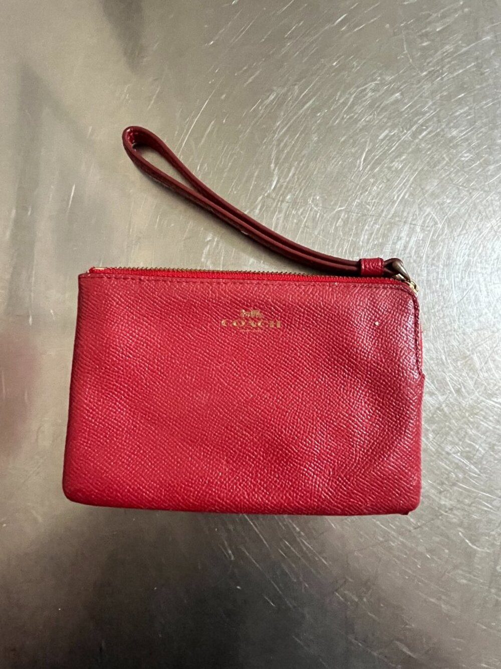 COACH Red Textured Leather Corner Zip Wristlet Wallet Pouch